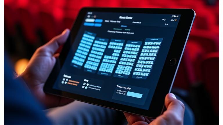Interactive cinema seat map on a tablet showing available seats